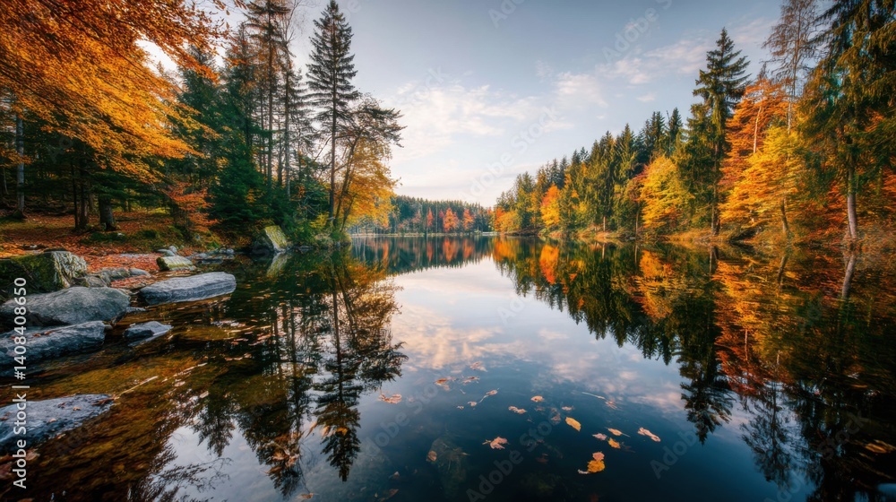 Fototapeta premium Serene Autumnal Lake reflecting colorful trees in a peaceful forest scene, symbolizing tranquility and natural beauty. Ideal for travel blogs, nature photography, and seasonal promotions.