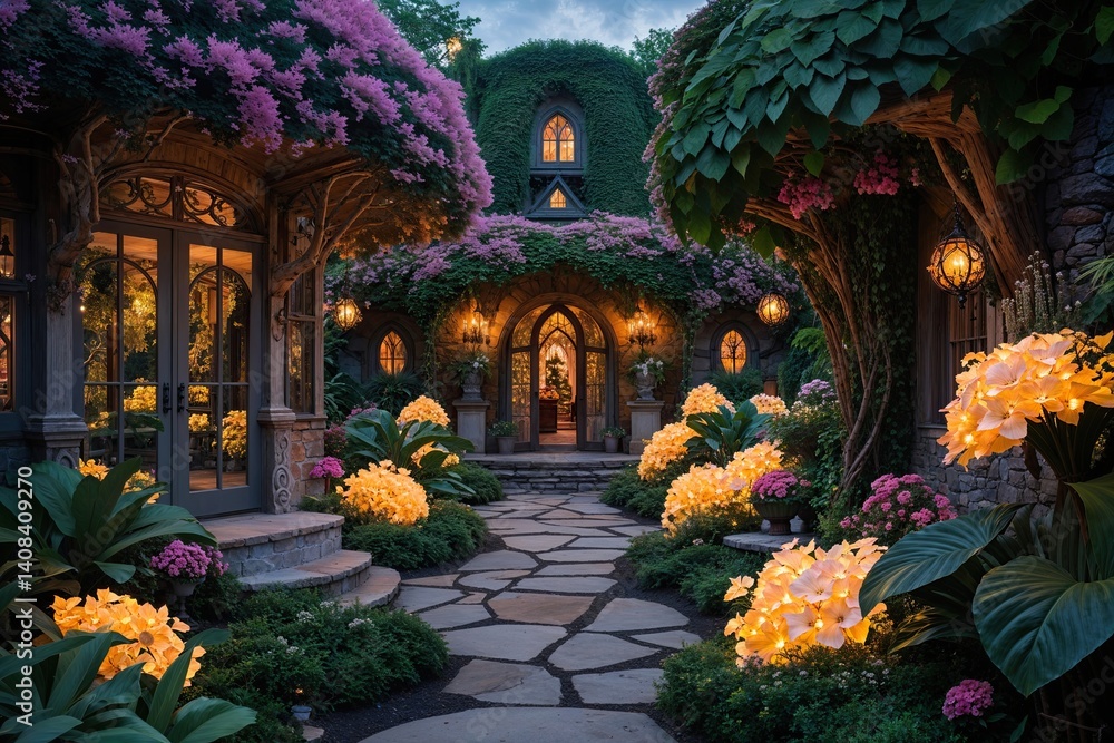 Fototapeta premium A Captivating Fairytale Hideaway with Vibrant Foliage and Glowing Custom Flowers