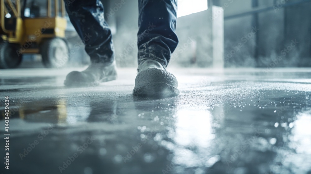 Obraz premium Concrete worker applying finishing touches to a concrete floor. Featuring skill and focus
