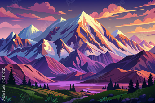 Alaska Denali National Park at sunset time with pine trees, cartoon design Flat style illustration