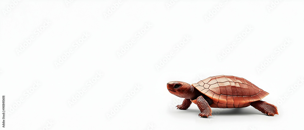 Fototapeta premium Small Brown Turtle Walking on a White Background in a Studio Setting with Detailed Texture and Features