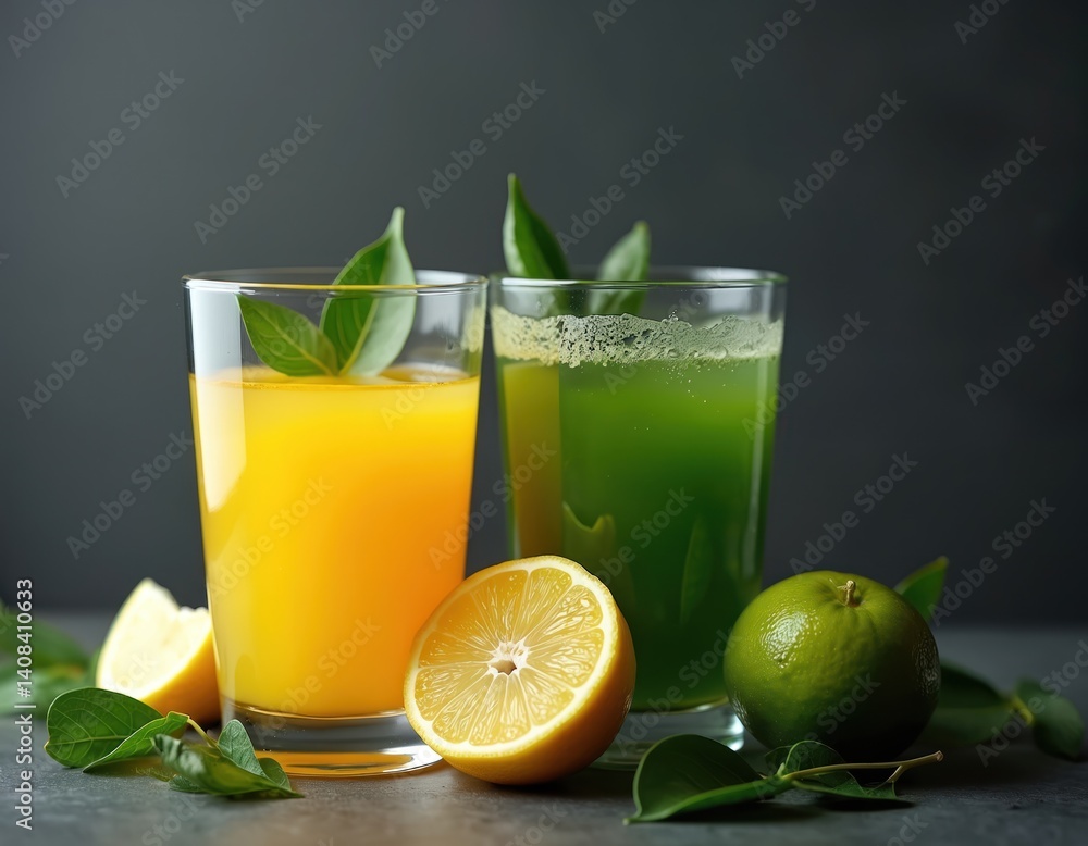 Fototapeta premium Two glasses with lemon, lime juices. Yellow, green cocktails with leaves. Fresh citrus halves. Refreshing drinks on black background, for menu design, drink shop or cafe promo, summer vacation mood.