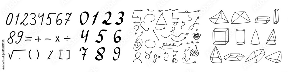 Naklejka premium Set of handwritten numbers, set of hand drawn signs, set of hand drawn geometric figures