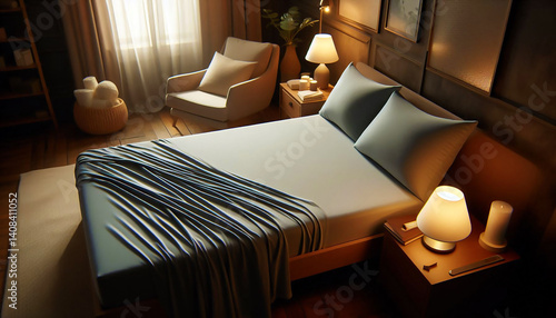 Soft jersey fitted sheet laid on a cozy bed under ambient lighting.