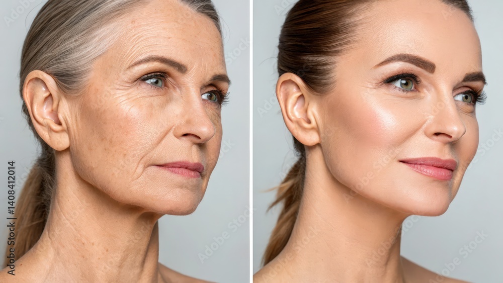 A side-by-side comparison of an aging woman's face before and after a rejuvenation treatment, highlighting the transformation in skin appearance. A side-by-side comparison of an aging woman's face before and after a rejuvenation treatment, highlighting the transformation in skin appearance.
