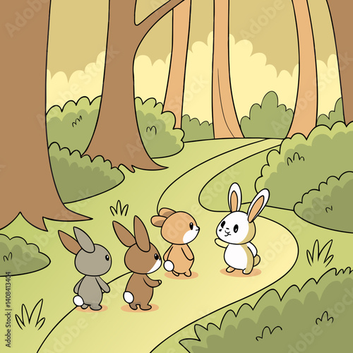 Some cartoon rabbits are positioned along a path in a forest some  rabbits stand in a row, facing  some rabbit who is standing slightly apart from them. Generative ai.