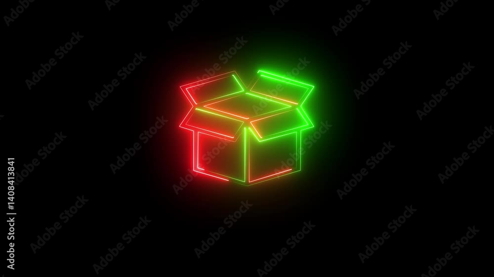Glowing neon line Open box neon box package delivery service red green color icon motion graphic on black background.. Glowing neon line Open box neon box package delivery service red green color icon motion graphic on black background..
