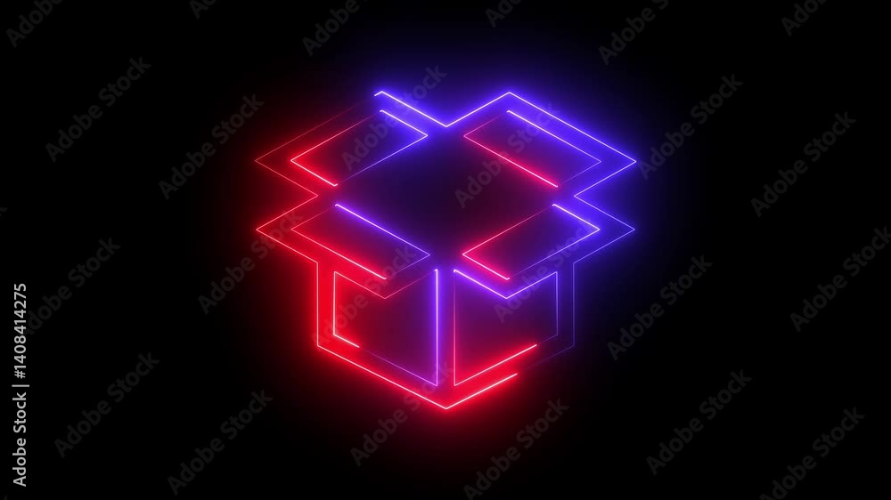 Glowing neon line Open box neon box package delivery service red blue color  icon motion graphic on black background..