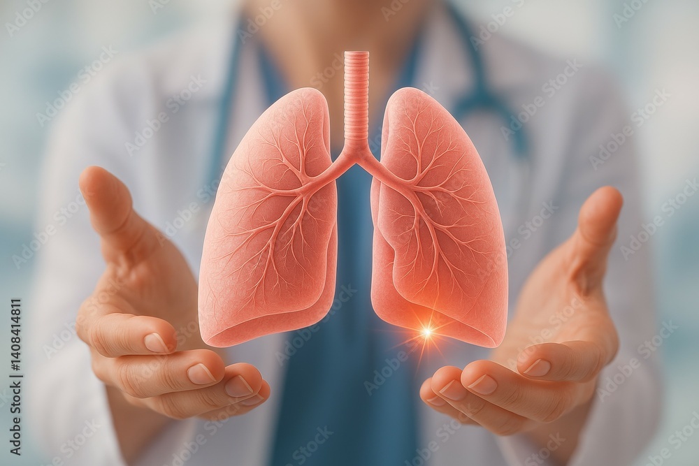 Female doctor presenting realistic human lung model with bright highlight
