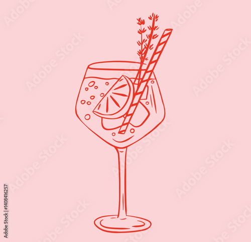 Aperol cocktail glass illustration. Whimsical menu hand drawn drink.