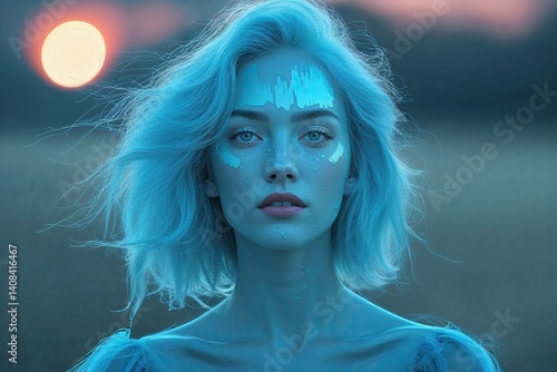 Ethereal Cerulean Portrait with Whimsical Brushstroke Blend and Soft Evening Glow