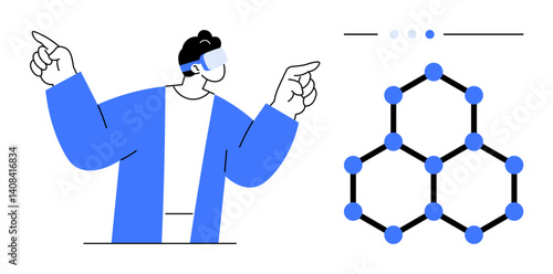 Person wearing augmented reality glasses pointing at a molecular structure model with hexagonal elements. Ideal for science, AR technology, education, research, innovation, biotechnology, simple