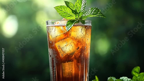 Refreshing iced tea with mint garnish and sparkling ice cubes in a tall glass