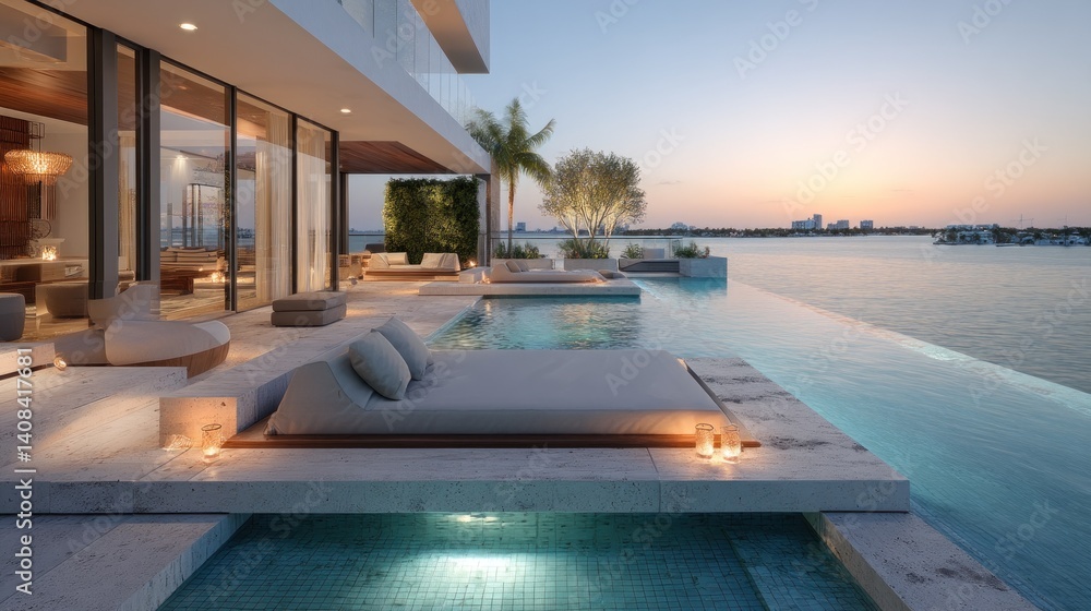 Luxury terrace with built-in loungers and water strip Luxury terrace with built-in loungers and water strip