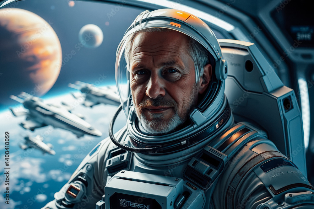 Experienced Astronaut in Futuristic Space Suit Posing Experienced Astronaut in Futuristic Space Suit Posing