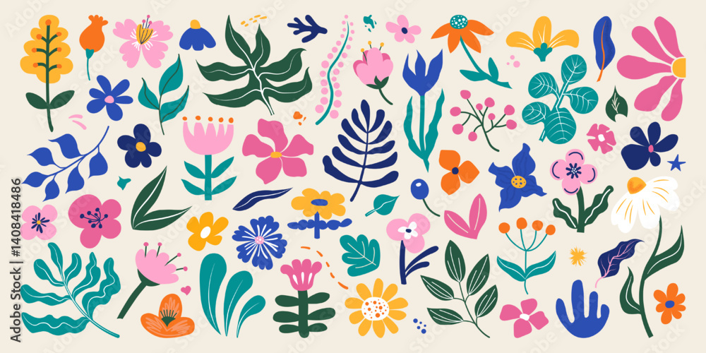 Set of abstract botanical organic elements in doodle style. Funky colorful flat flowers and leaves for patterns, posters, cards, fabric and digital design projects.
