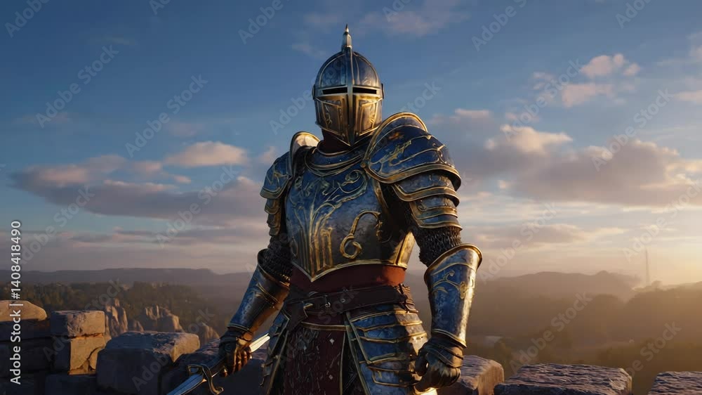 Armored medieval knight standing on stone wall, overlooking scenic landscape at sunset with sky and clouds, holding a sword Armored medieval knight standing on stone wall, overlooking scenic landscape at sunset with sky and clouds, holding a sword