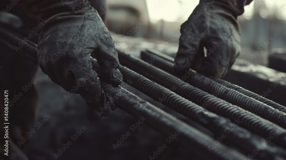 Ironworker securing steel reinforcement bars for concrete pouring. Featuring focus and expertise Ironworker securing steel reinforcement bars for concrete pouring. Featuring focus and expertise
