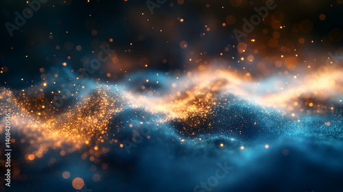 Elegant particle effect glowing blue-orange wave background.