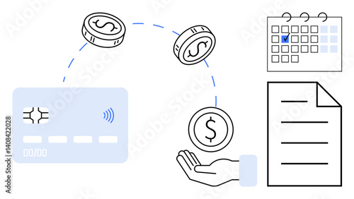 Credit card, hand with coins, calendar, and document sheet depict payment, money management, and planning. Ideal for finance, budgeting, debt tracking saving tips expense management bill payments