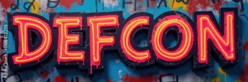 Vibrant 'defcon' signage against a graffiti backdrop, capturing the essence of the renowned hacker conference, blending technology and creativity.