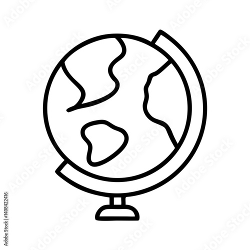 Minimal black line icon of globe on stand, isolated vector symbol for geography, education, travel, world exploration and school learning supplies
