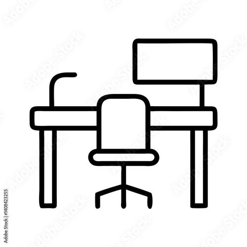 black outline icon of office desk with swivel chair, computer monitor, and desk lamp, simple workstation vector illustration, isolated on white background