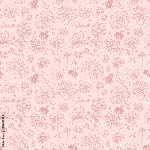 Delicate vector seamless pink pattern with daisies