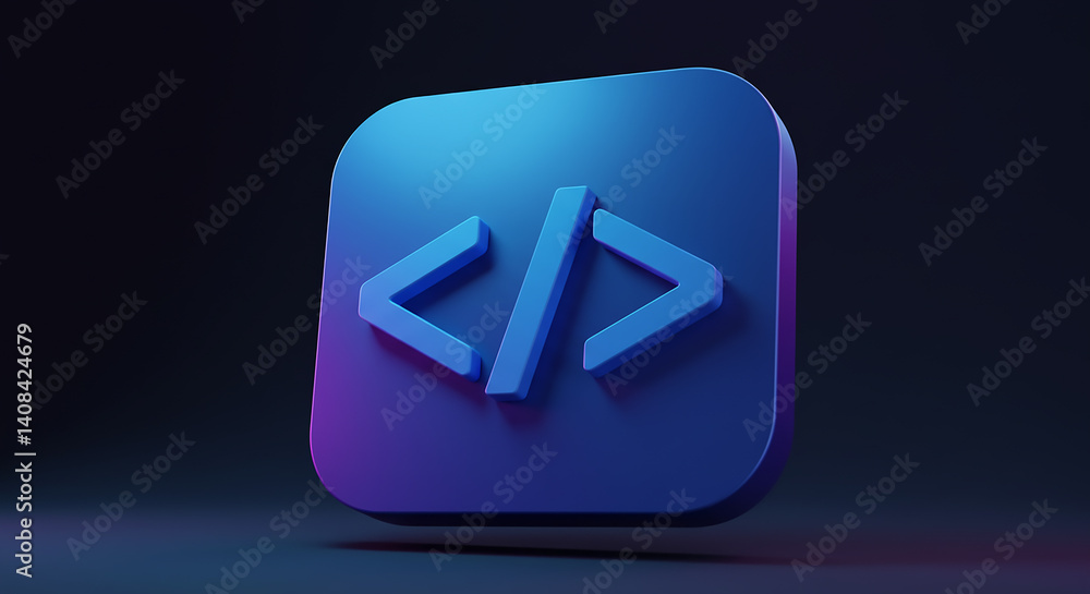 A close up of a blue coding symbol on a rounded square against a dark gradient background studio shot A close up of a blue coding symbol on a rounded square against a dark gradient background studio shot