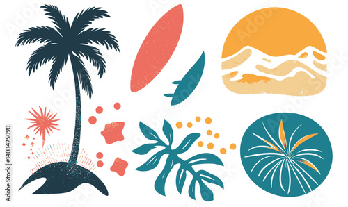 Tropical Surfing Vacation Vector Design with Hand-Drawn Palms and Boho Elements