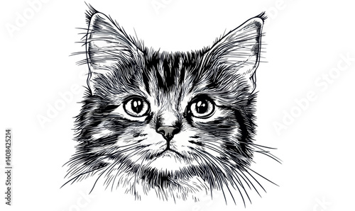 Vintage Hand-Drawn Ink Sketch of Cute Cat Portrait in Minimalist Engraving Style