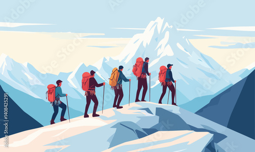 Mountain Hikers Teamwork Collaboration in Snowy Peaks Flat Vector Illustration