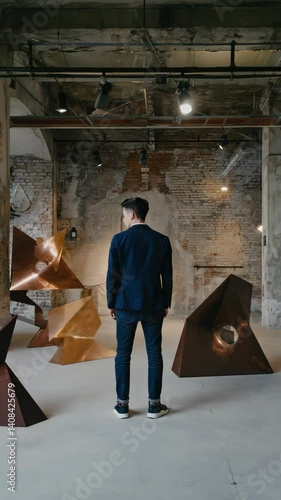 A person in a modern art gallery with geometric metal sculptures, industrial design interior, artful installations and exposed brick background.
