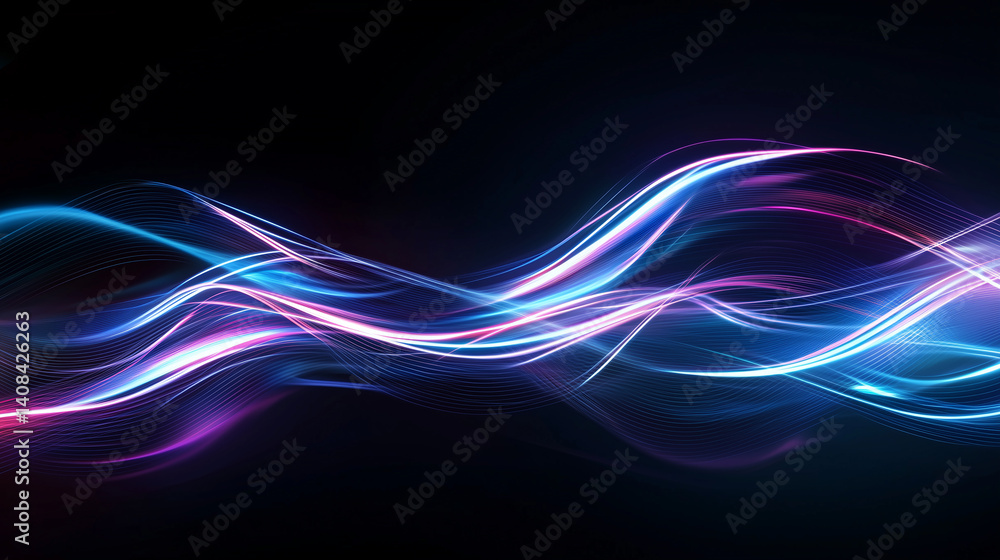 Fototapeta premium Dynamic neon light waves on black background, futuristic abstract digital energy flow, vibrant lines of light representing data streaming, technology and innovation concept.