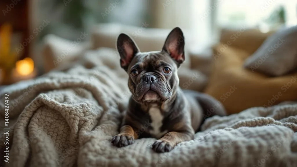 Obraz premium French buldog on the sofa in a cozy living room.