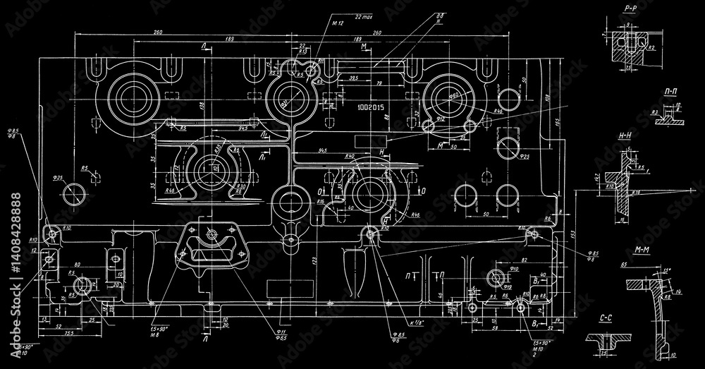 Cylinder block of engine of cargo vehicle. Engineering mechanical drawing of automotive device. Industrial cad scheme on paper sheet. Technology design of machine building industry. Machined template. Cylinder block of engine of cargo vehicle. Engineering mechanical drawing of automotive device. Industrial cad scheme on paper sheet. Technology design of machine building industry. Machined template.