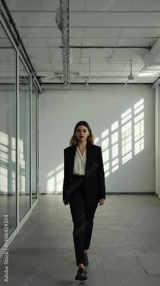 Confident woman in a suit strides down a bright modern hallway with window light patterns Confident woman in a suit strides down a bright modern hallway with window light patterns