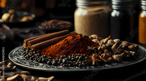 Fototapeta Naklejka Na Ścianę i Meble -  A medley of aromatic spices including cloves, cinnamon, and mace on a metal spice rack in the kitchen, aromatic spices, cinnamon, fragrant. Spiritcarved Mace. Illustration