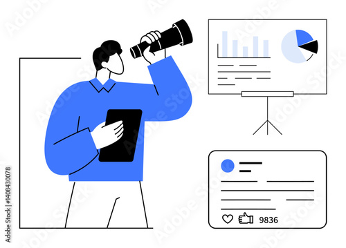 Man using a telescope and tablet to analyze growth trends, supported by a chart and metrics. Ideal for analytics, strategy, growth, management, business planning, marketing, simple landing page