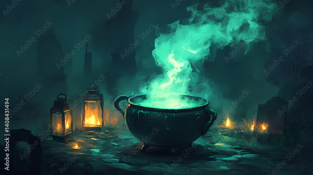 A mystical cauldron emitting green smoke, set in a graveyard with glowing lanterns, evoking a sense of magic and mystery. Haunting Crucible. Illustration A mystical cauldron emitting green smoke, set in a graveyard with glowing lanterns, evoking a sense of magic and mystery. Haunting Crucible. Illustration