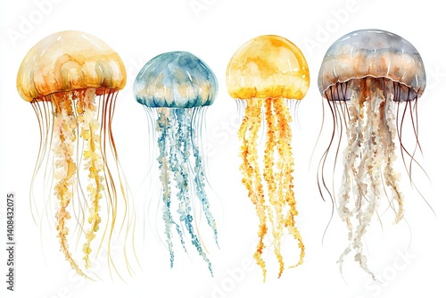 Watercolor painting of four jellyfish with different colors on a white background showing details 100