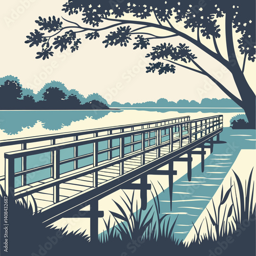 A vintage-style illustration of a picturesque European bridge spanning a tranquil river.Generative ai.