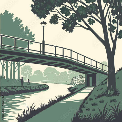 A vintage-style illustration of a picturesque European bridge spanning a tranquil river.Generative ai.