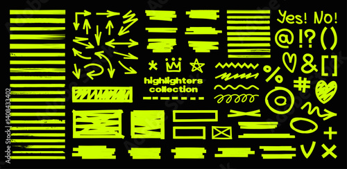 Highlighters collection - brush stroke, marker lines, arrows, round, underlines. Hand-drawn marker doodles, tick marks and sketch. Highlighters set, Handwritten notes. Vector graphic pack