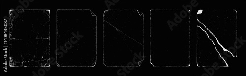 Paper overlay texture, torn textures effect. Overlay template stamps with torn, grainy, dust effect. Dirty stamps with frayed and broken edges, kinks, bent corners. Vector paper template, graphic set