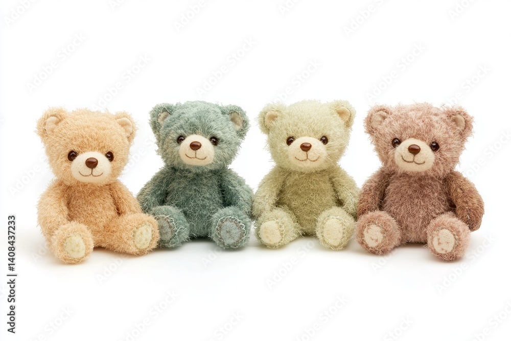 Four plush teddy bears sitting in a row against a white background in a studio setting light and soft Four plush teddy bears sitting in a row against a white background in a studio setting light and soft