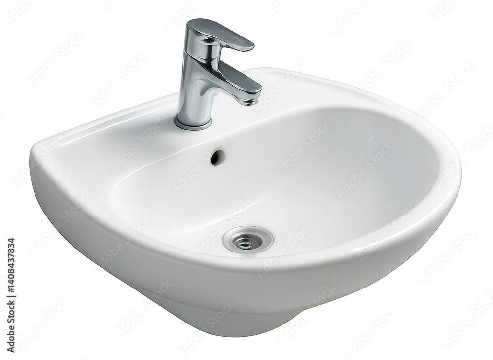 Fototapeta premium Modern white ceramic washbasin with chrome faucet on transparent background