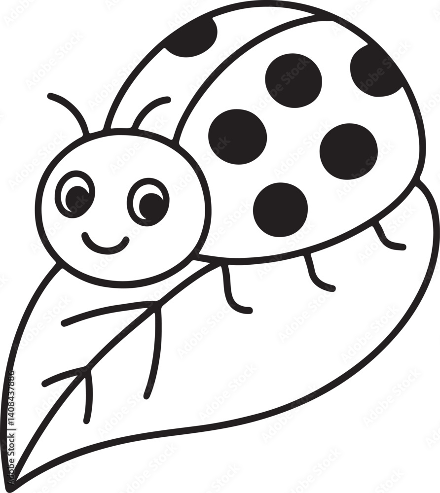 Fototapeta premium Smiling Ladybug on Leaf – Cute Bug Line Art Drawing for Kids and Coloring Pages