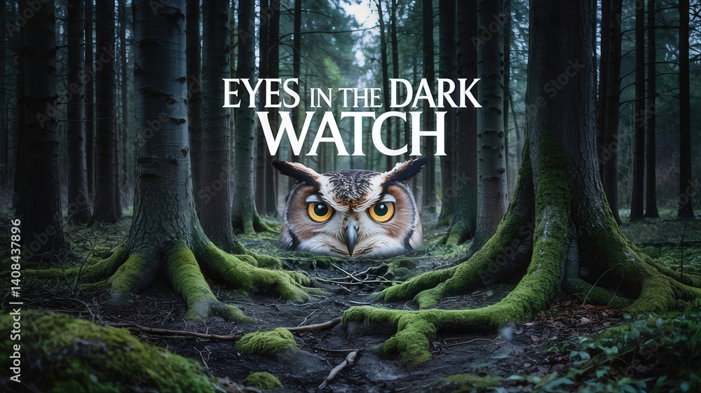 Mysterious forest scene with owl and text