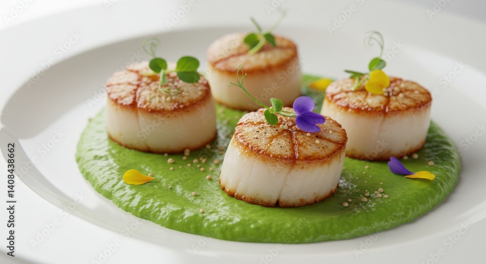 Four scallops on green puree with edible flowers on a white plate. Four scallops on green puree with edible flowers on a white plate.